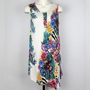 Papa  Vancouver White Multi Floral Sleeveless Round Neck Asymetrical Dress Small